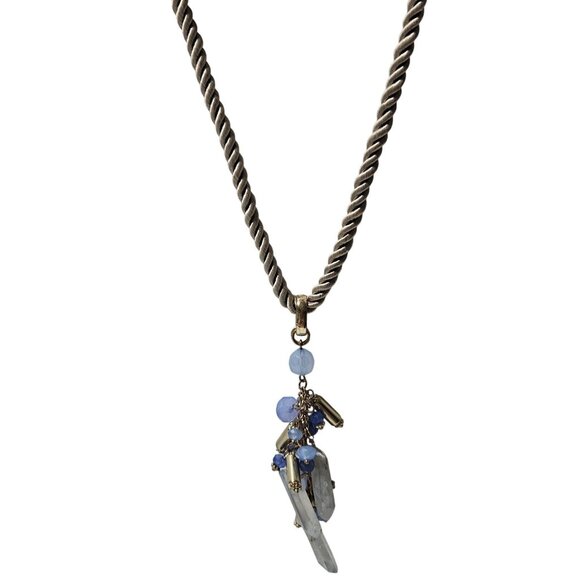 Chicos Blue Crystal Quartz Pendant Necklace Gold Tone Rope Chain - Picture 2 of 10